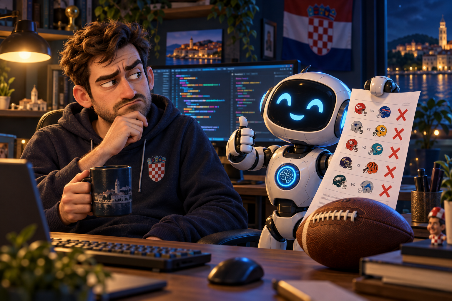 Programer s kavom sumnjičavo gleda veselog AI robota koji pokazuje promašeni listić